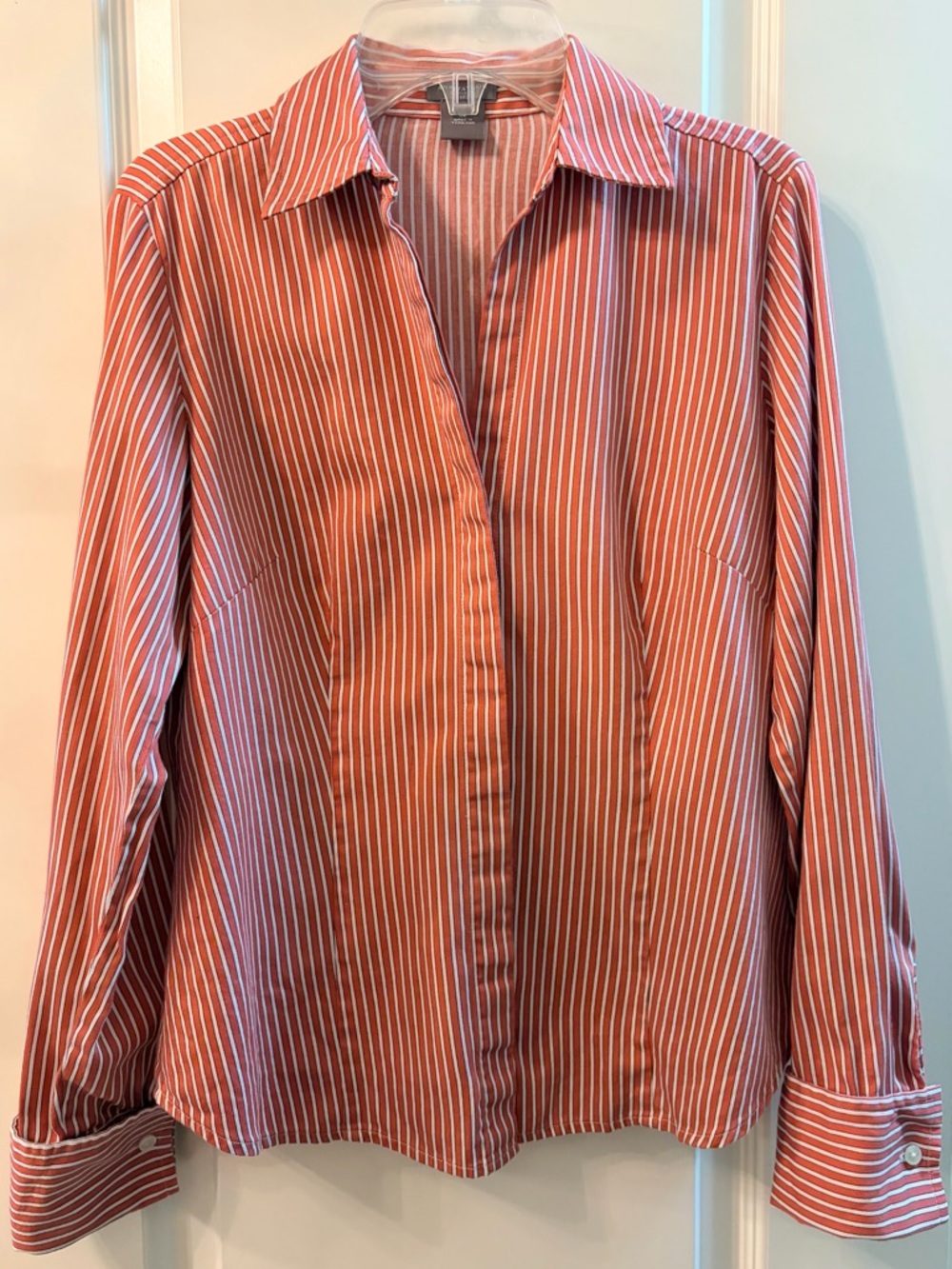 Ann Taylor French Cuff Long Sleeve Striped Button-Down in Coral and White, 4P